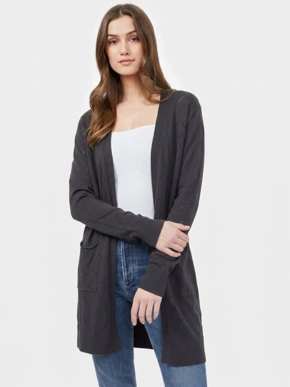 TENTREE Women's Organic Cotton Long Open Punch Lace Cardigan - Purple, Medium